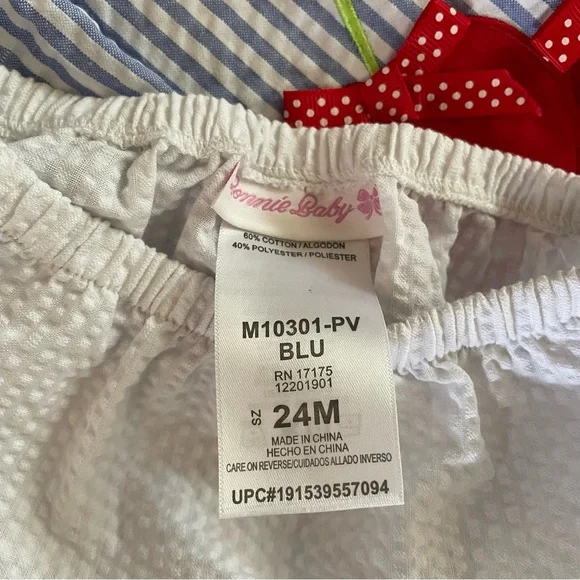 NWT BONNIE BABY 2Pc. DRESS-BLOOMERS SEERSUCKER BLUE/WHT STRIPE - Picture 4 of 8